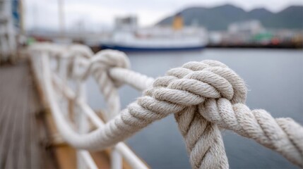 Fototapeta premium Close-up of a rope tied in a knot on the deck of a ship. the rope appears to be made of a light-colored material, possibly cotton or a similar type of rope.