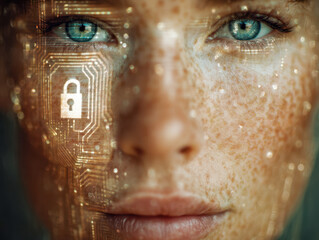 Portrait of a woman with blue eyes and digital security circuit overlay symbolizing privacy protection and cybersecurity technology concepts