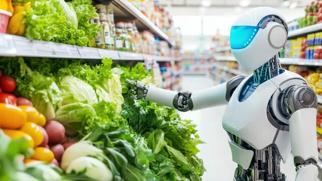 Robotic Grocer: A sleek, advanced robot browses the vibrant produce section of a supermarket, its metallic hand gently selecting fresh vegetables, highlighting the fusion of technology and daily life. - Powered by Adobe