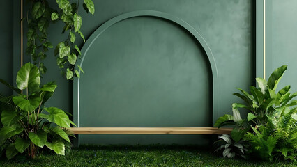 Modern indoor garden with green plants and wooden bench