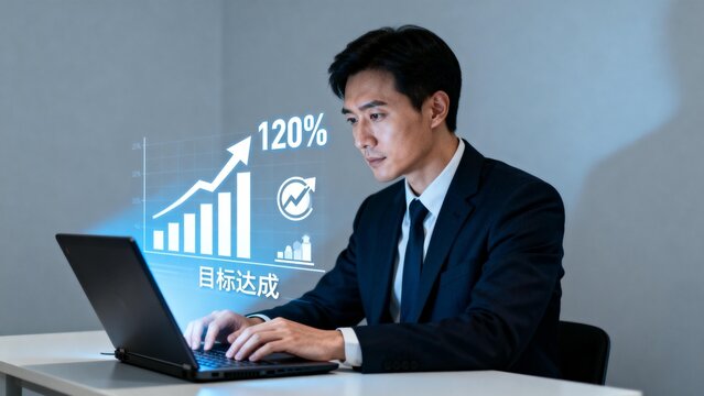 Businessman working on laptop with growth chart - Powered by Adobe