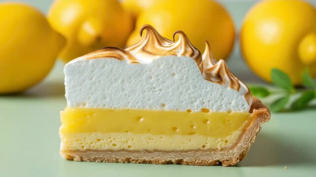 Lemon Tart Delight: This image captures a delightful slice of a lemon tart, showcasing a tantalizing combination of zesty lemon filling and a fluffy, toasted meringue topping.