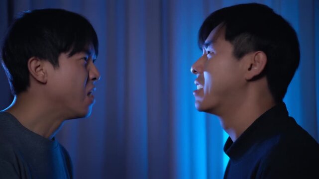 青い光の中で向かい合い叫ぶ人物が強い感情の衝突と内面の葛藤を象徴する瞬間
