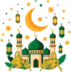 Vibrant mosque illustration with crescent moon and lanterns for Ramadan