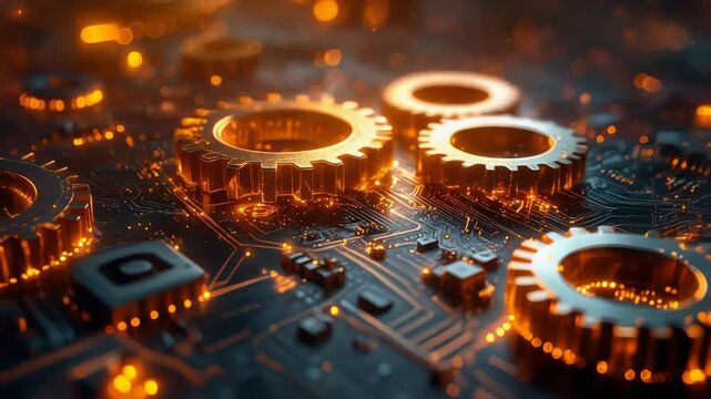 黄金色に輝く歯車群が高度な産業システムを表現