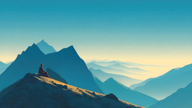 adventure person sits on a peak of big mountain in a beautiful landscape illustrated animation