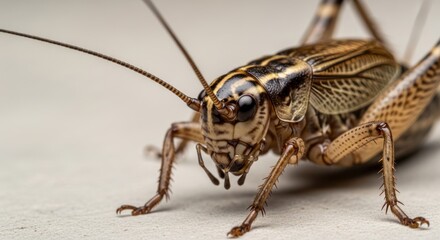 Jangkrik perched on natural ground with long antennae and textured body. A nocturnal insect known for its chirping sound, commonly found in grasslands and tropical environments.