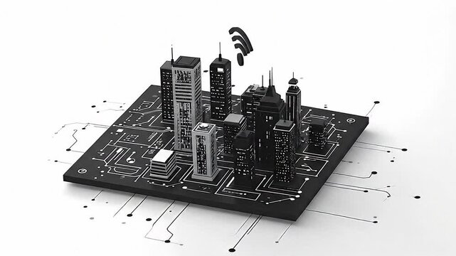 基板上に配置された都市モデルがスマートシティと情報基盤を象徴