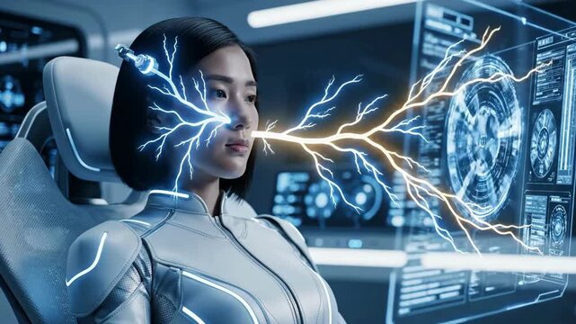 Futuristic Woman Receiving Neural Interface, Sci-Fi Technology, Brain Interface, Holographic Display