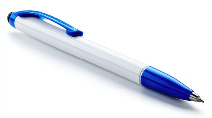 White ballpoint pen with blue cap isolated on a clean white background