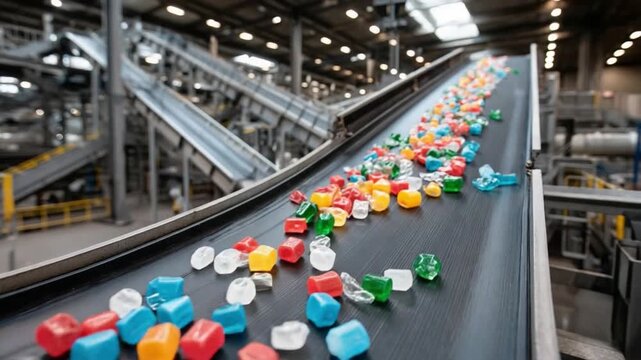 Sorting Plastic Bottles: A vibrant array of colorful plastic bottles cascades down a conveyor belt in a recycling facility, highlighting the process of sorting and environmental sustainability.