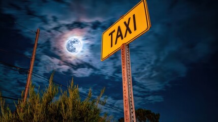 Bright taxi sign stands out under full moon in night sky with clouds in the background