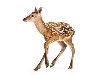 Obraz premium Few hours old red deer fawn walking on white background