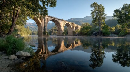 Fototapeta premium Wide-angle panorama of stone arches over a tranquil waterway with trees and distant hills