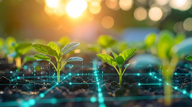 芽吹く植物とデジタル表示が環境技術と成長の融合を示す