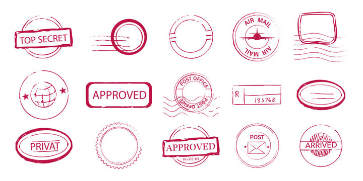 Red stamp set top secret sign, confidential envelope, letter, rubber seal. Stamps with wavy lines, decorative edges. post office marks and envelope designs, vintage