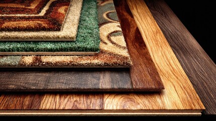 Different types of flooring materials stacked together in a display showing various textures and designs