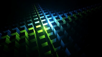 Abstract geometric background. Rows of volumetric cubes illuminated with blue and green neon light. Structure in perspective. 3d digital illustration.