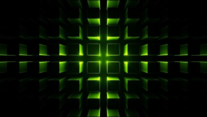 Abstract symmetrical structure of glowing neon cubes on a dark background. 3d rendering illustration.