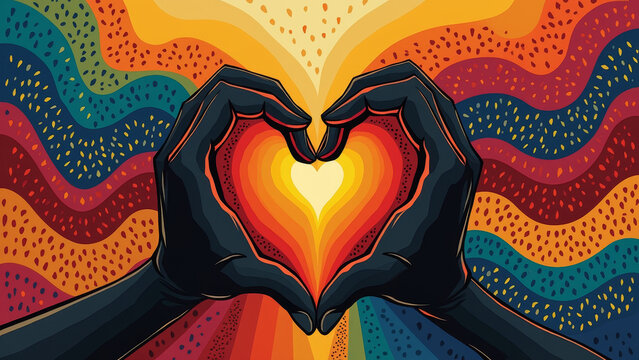 Black History Month hands holding heart abstract illustration with Pan African patterns and symbolism