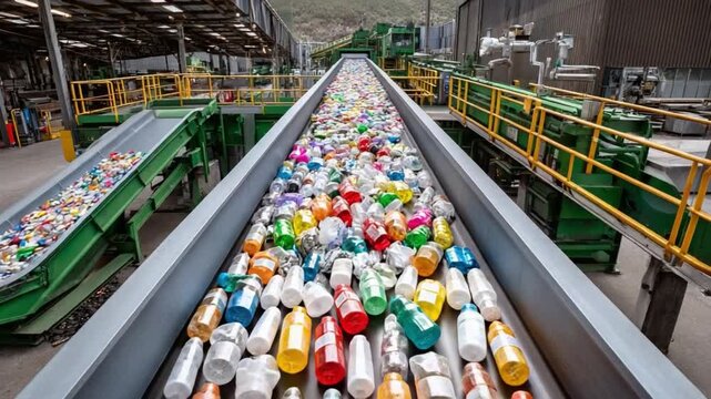 Sorting Cycle: An eye-level view unveils a conveyor belt brimming with discarded plastic bottles, symbolizing the intricate processes of a recycling facility and the imperative of waste management. 