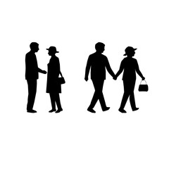 Senior People Silhouette Set. Elderly Men and Women Walking Sitting Standing Line Art Vector. Active Aging Lifestyle Illustration. Retirement Couple Family Outdoor Concept.Minimal Black Outline People