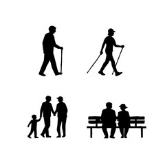 Senior People Silhouette Set. Elderly Men and Women Walking Sitting Standing Line Art Vector. Active Aging Lifestyle Illustration. Retirement Couple Family Outdoor Concept.Minimal Black Outline People