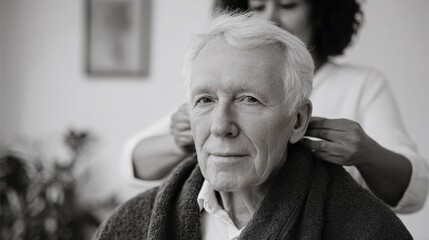 Black and white photograph of an elderly man sitting in a chair with a towel wrapped around his neck. he is looking directly at the camera with a serious expression on his face.