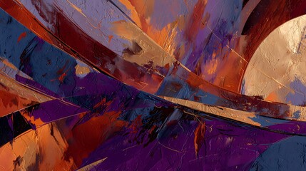 Abstract painting with sweeping curved color arcs and layered brushstrokes in vibrant orange, purple, blue, and red
