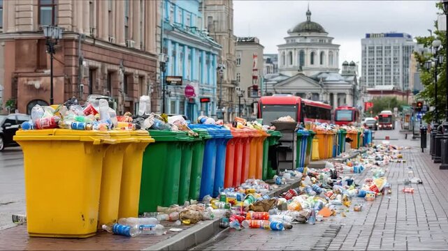 Overflowing Bins: A stark visual representation of urban waste management challenges, with overflowing bins littering a city street amidst a backdrop of architectural grandeur.