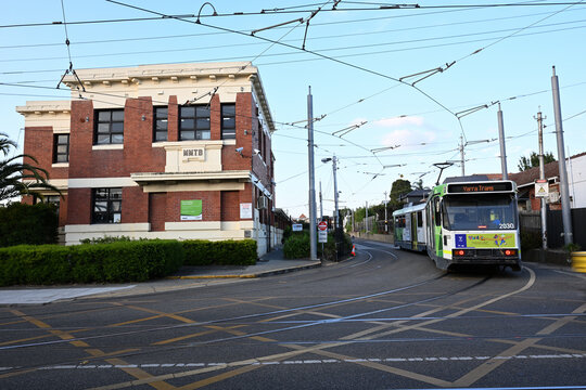 Glenhuntly Tram Depot, on Glen Huntly Rd in metropolitan Melbourne, with B-Class tram stopped in the entrance late in the day