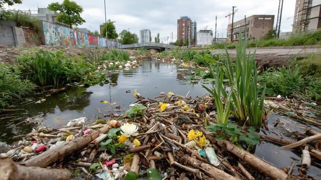 Water pollution in urban landscape: A stark depiction of an urban stream choked with debris, juxtaposing natural elements with the harsh realities of pollution and environmental degradation.