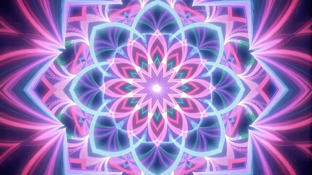 Abstract neon light mandala creating complex floral geometric pattern.