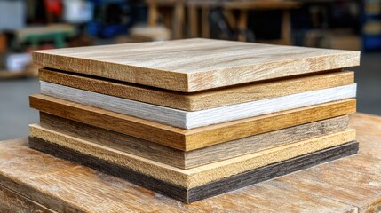Stacked wooden boards for various uses in a workshop during daylight hours
