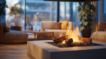 Naklejka premium Stylish modern fireplace glowing softly in an open living area, understated decor highlighting warmth, clarity, and contemporary domestic comfort. cinematic color correction, natural uneven