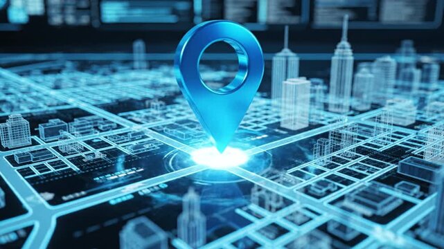 Digital blue map marker over futuristic city map grid showing street layout building models navigation and location technology with modern urban planning and data visualization. futuristic digital