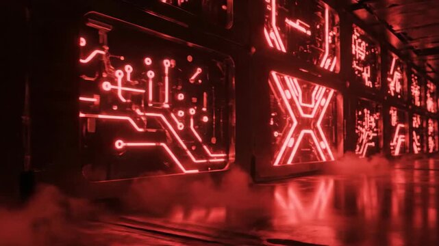 Abstract red data center panels with glowing geometric patterns and digital displays
