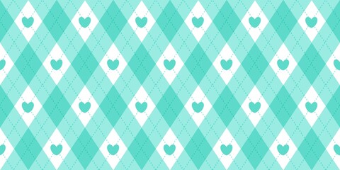 Mint green and white argyle pattern with cute hearts, seamless diamond plaid background for textiles, wrapping paper, and stationery.