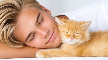 Boy rests on a table with eyes closed while a cat sleeps beside him in a bright room
