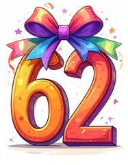 Number 62 wrapped with a festive ribbon on a white background. Image for birthday or anniversary party