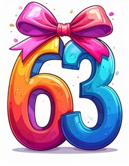 Number 63 wrapped with a festive ribbon on a white background. Image for birthday or anniversary party