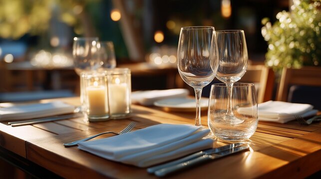 A neatly laid dining table elegantly set for a dinner party, complete with fine china, sparkling glassware, and decorative candles, creating an inviting atmosphere for guests. cinematic color