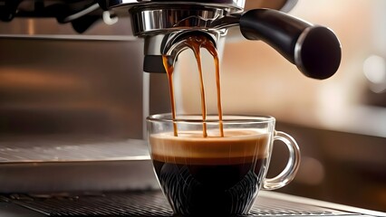Cup of coffee being poured into coffee machine, automatic brewing process in modern kitchen or professional cafe for daily caffeine boost