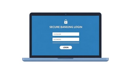 Laptop displaying secure online banking login screen with password fields and lock icon.