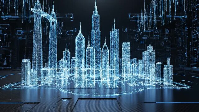 Futuristic holographic cityscape model displayed dark platform with glowing blue data lines and digital architecture, glowing blue digital fountain of light rising from circular interface with