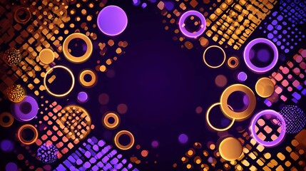 Abstract neon rings and dotted grid on a dark purple background