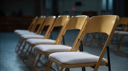 Row of wooden chairs in a dimly lit room. the chairs are arranged in a straight line, facing towards the right side of the image. they are all facing the same direction and appear to be empty.