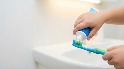 Child applying toothpaste onto blue toothbrush in bright bathroom  