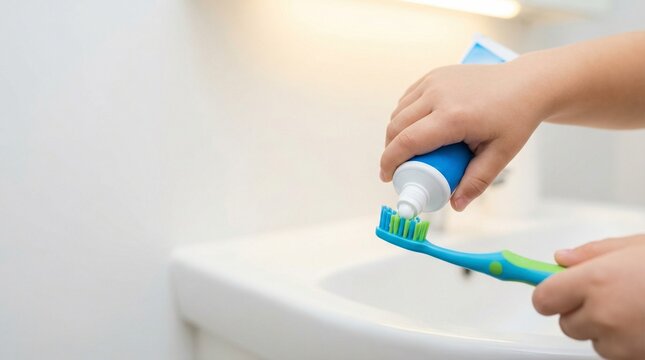 Child applying toothpaste onto blue toothbrush in bright bathroom   - Powered by Adobe