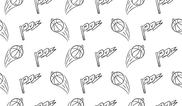 Basketball doodle illustration background. Basketball MVP flag seamless pattern background. MVP basketball flag hand drawn icon vector tiled wallpaper.